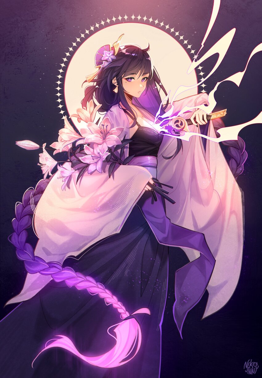 1girl, absurdres, adapted_costume, arm_up, artist_name, belt, black_background, black_dress