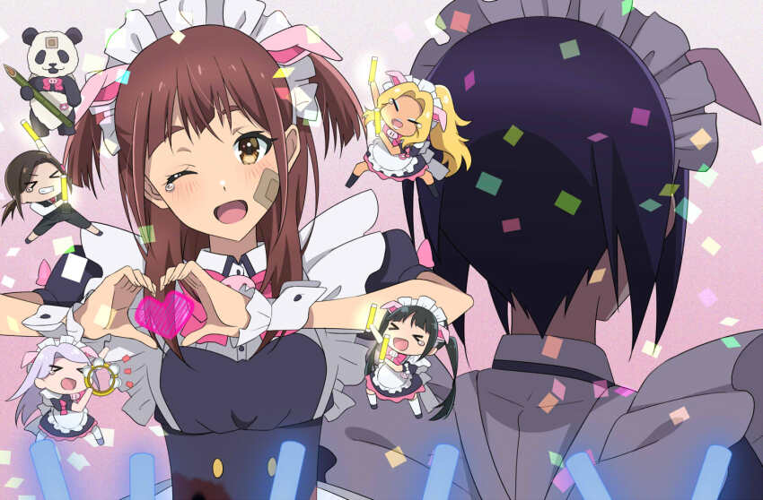 6+girls, akiba_maid_sensou, animal_ears, black_hair, blonde_hair, brown_hair, heart, heart_hands