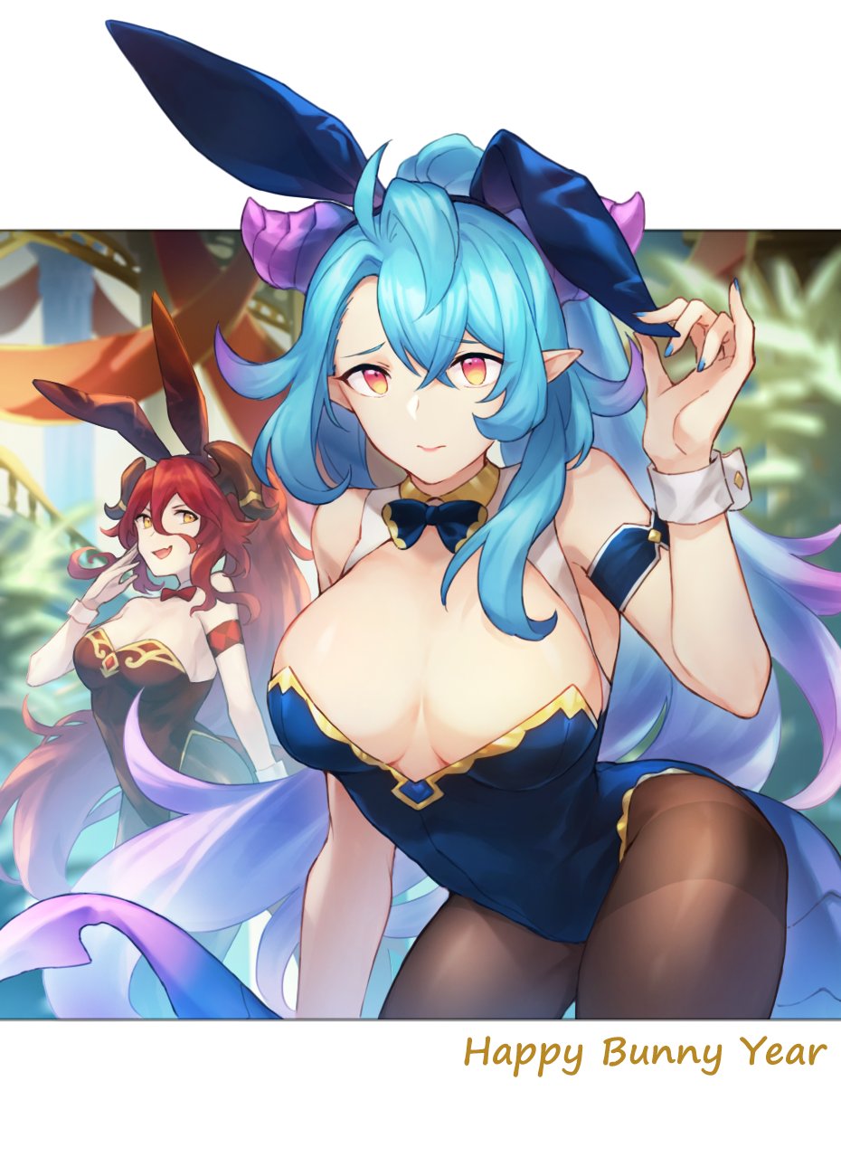 2023, 2girls, animal_ears, bare_shoulders, black_leotard, blue_hair, blue_leotard, bow, bowtie, breasts, chinese_zodiac, cleavage, closed_mouth, clothes_tug, cowboy_shot, dragalia_lost, dragalinuka, dragon_girl, dragon_horns, dragon_tail, embarrassed, fake_animal_ears, fang, gradient_hair, hair_between_eyes, highleg, highleg_leotard, highres, horns, large_breasts, leaning_forward, leotard, long_hair, looking_at_viewer, mature_female, mercury_(dragalia_lost), multicolored_hair, multiple_girls, mym_(dragalia_lost), open_mouth, pantyhose, pink_hair, playboy_bunny, plunging_neckline, pointy_ears, purple_eyes, rabbit_ears, red_hair, smile, strapless, strapless_leotard, tail, thighs, traditional_bowtie, undersized_breast_cup, wrist_cuffs, year_of_the_rabbit, yellow_eyes