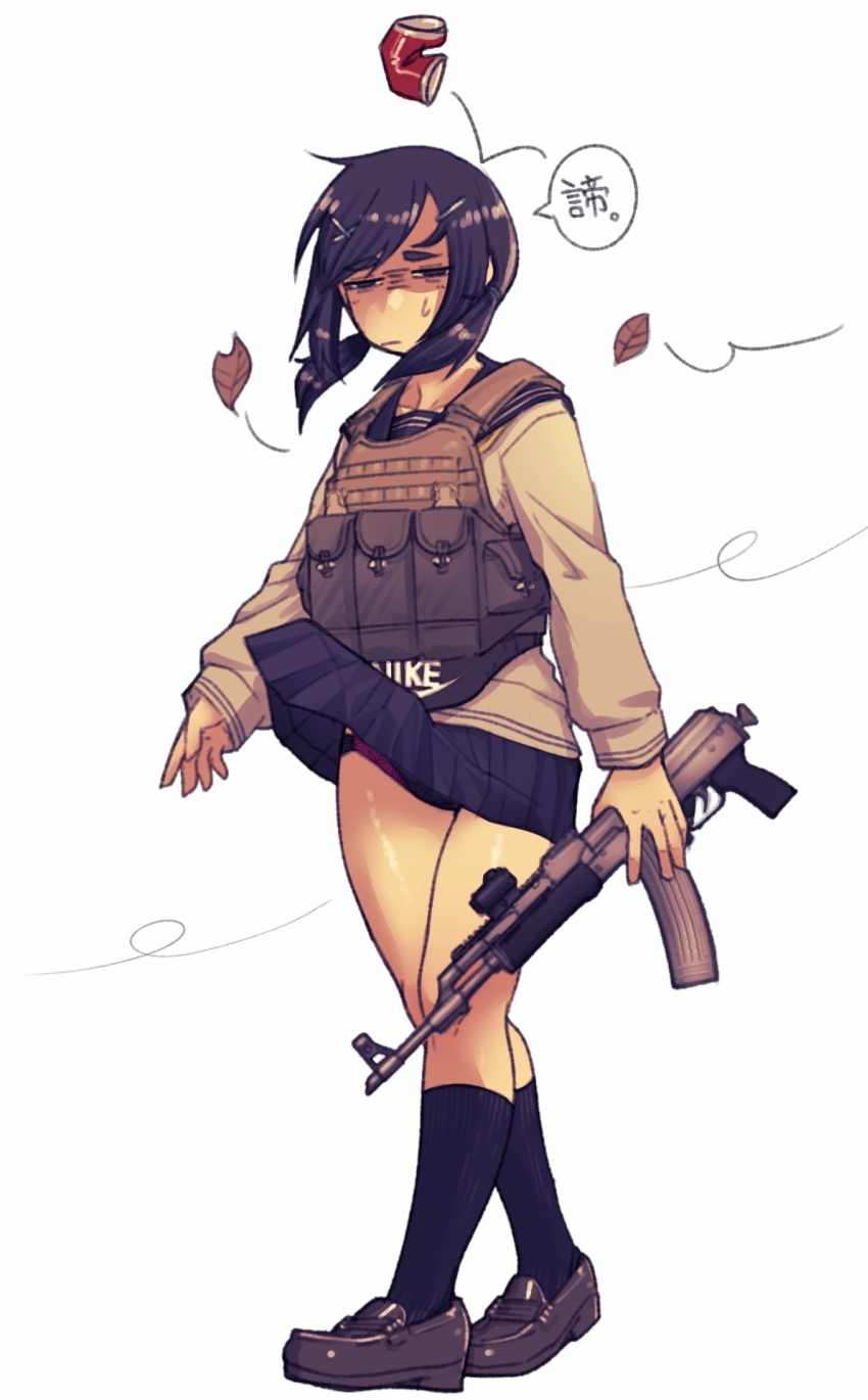 1girl, absurdres, akm, assault_rifle, black_hair, black_sailor_collar, black_shoes, black_skirt, black_socks, cb_(c-board), clothes_lift, crushed_can, falling_leaves, fanny_pack, full_body, gun, highres, holding, holding_gun, holding_weapon, kalashnikov_rifle, leaf, loafers, long_hair, long_sleeves, low_twintails, nike_(company), original, panties, pleated_skirt, purple_panties, ribbed_legwear, rifle, sailor_collar, shirt, shoes, simple_background, skirt, skirt_lift, socks, solo, twintails, underwear, weapon, white_background, white_shirt, wind, wind_lift