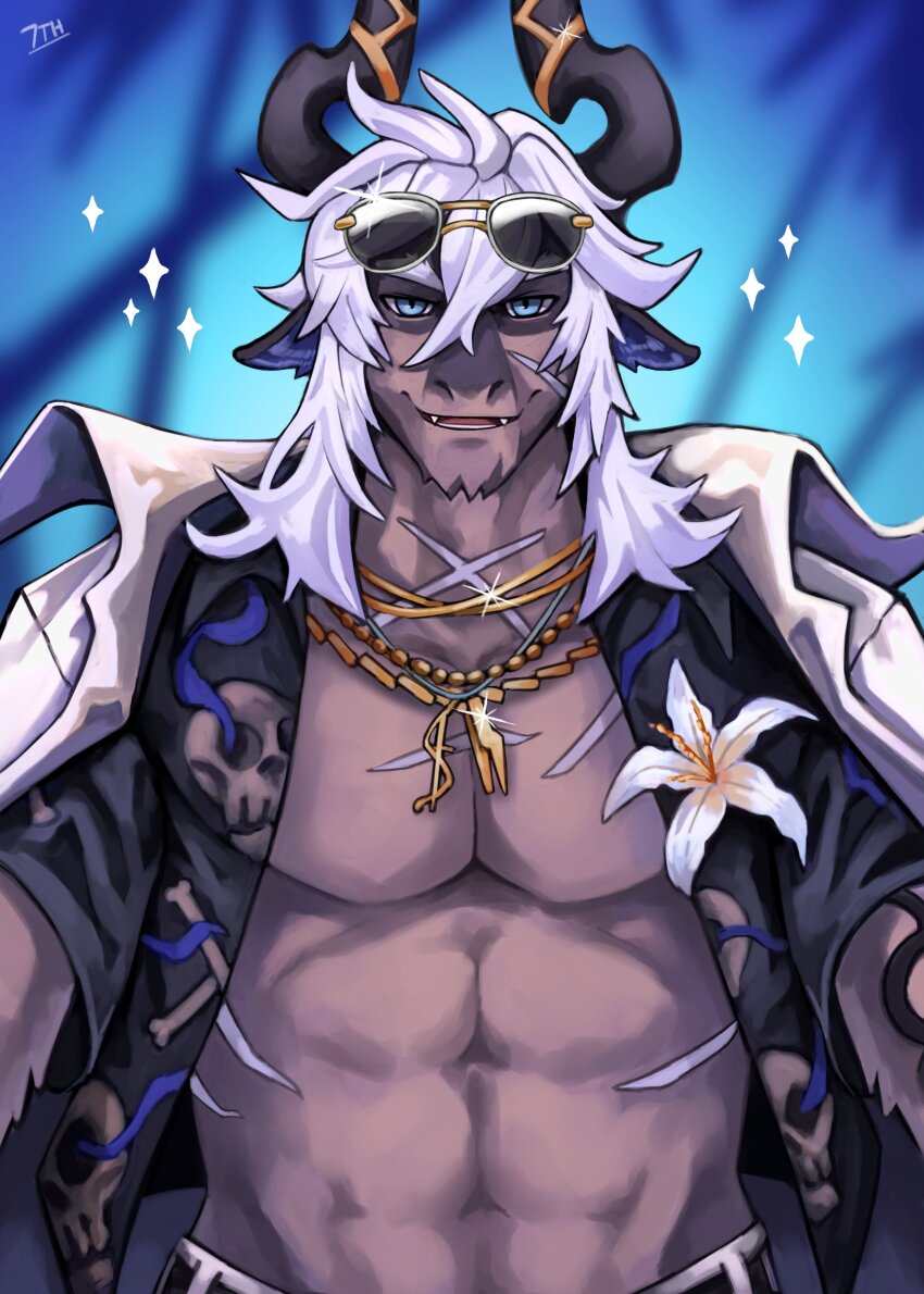 1boy, 7th_art_forge, abs, absurdres, alchemy_stars, bara, flower, furry, furry_male, highres, horns, istvan_(alchemy_stars), istvan_(roadside_celebrity)_(alchemy_stars), jewelry, long_hair, looking_at_viewer, male_focus, palm_tree, pectoral_cleavage, pectorals, scar, smile, solo, sparkle, sunglasses, tree, unbuttoned, unbuttoned_shirt, white_hair