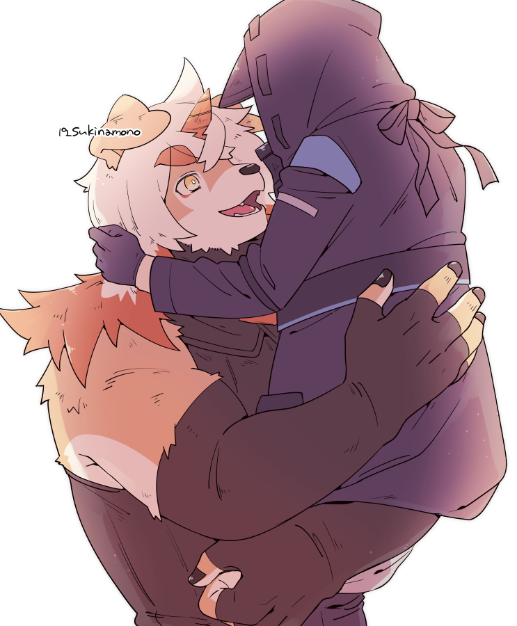 19_sukinamono, 1boy, 1other, ambiguous_gender, arknights, bara, biceps, carrying, carrying_person, detached_sleeves, doctor_(arknights), fur, furry, furry_male, furry_with_non-furry, horns, hung_(arknights), interspecies, long_hair, looking_at_another, male_focus, muscular, single_horn, sleeveless, sleeveless_turtleneck, smile, thick_eyebrows, turtleneck