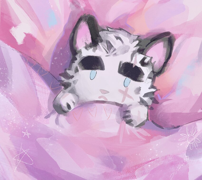 1boy, a_mimir_(meme), animal_ears, arknights, blank_eyes, blank_stare, blanket, blue_eyes