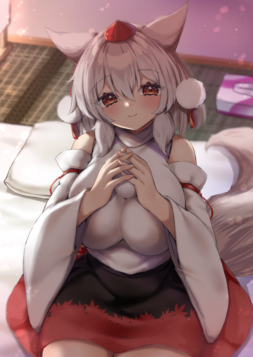 1girl, animal_ears, bare_shoulders, black_skirt, blurry, blurry_background, breasts, closed_mouth