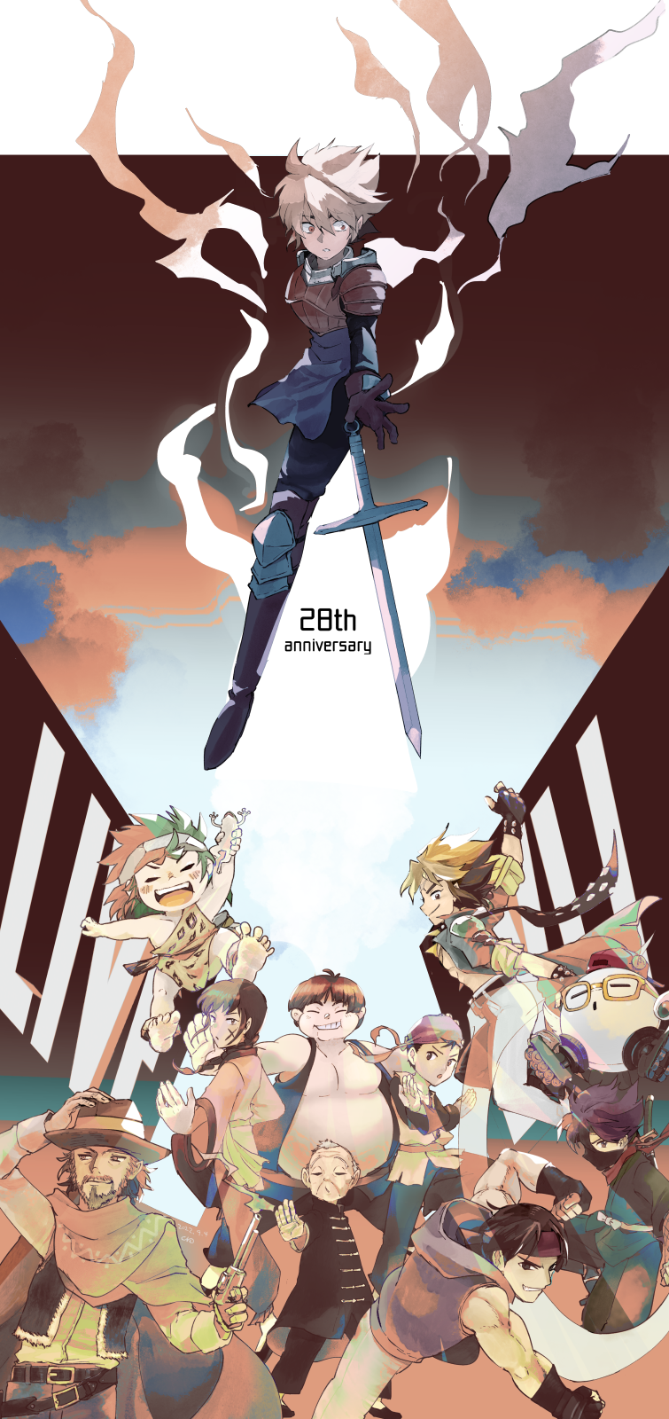 1girl, 6+boys, anniversary, beard, cowboy_hat, cube_(live_a_live), everyone, facial_hair