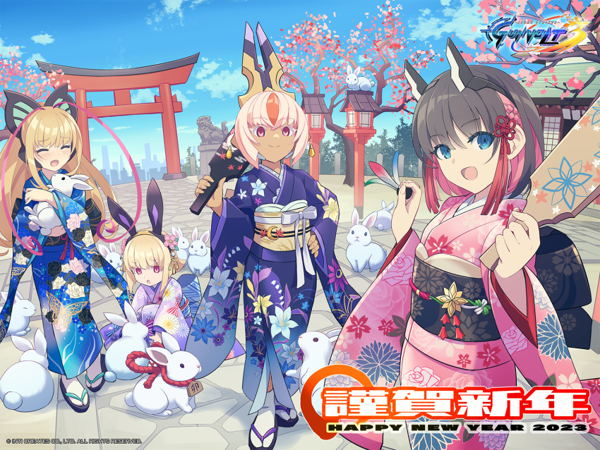2023, 4girls, azure_striker_gunvolt, azure_striker_gunvolt_3, highres, japanese_clothes, kimono, kirin_(gunvolt)