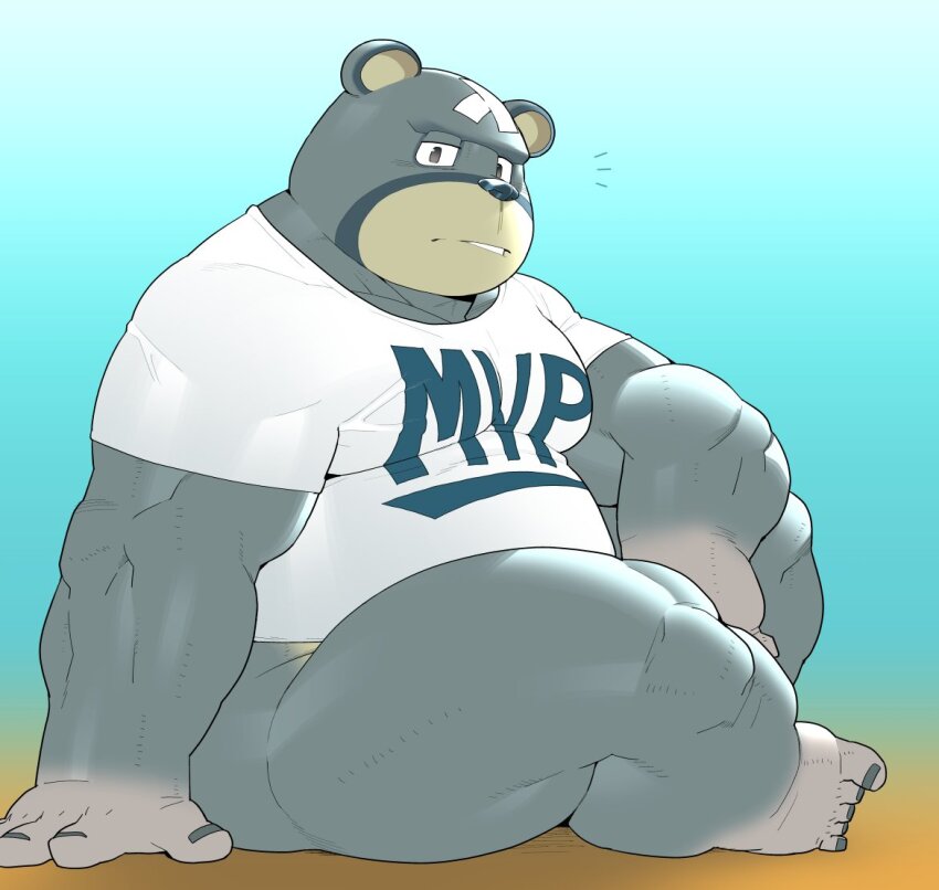 animal_crossing, bandaid, bandaid_on_face, bara, bear, curt_(animal_crossing), fat, fat_man, furry, furry_male, kira_nerisu, looking_at_viewer, male_focus, nintendo, no_eyebrows, no_pants, on_floor, shirt, sitting, solo, surprised, thick_thighs, thighs, villager_(animal_crossing), white_shirt