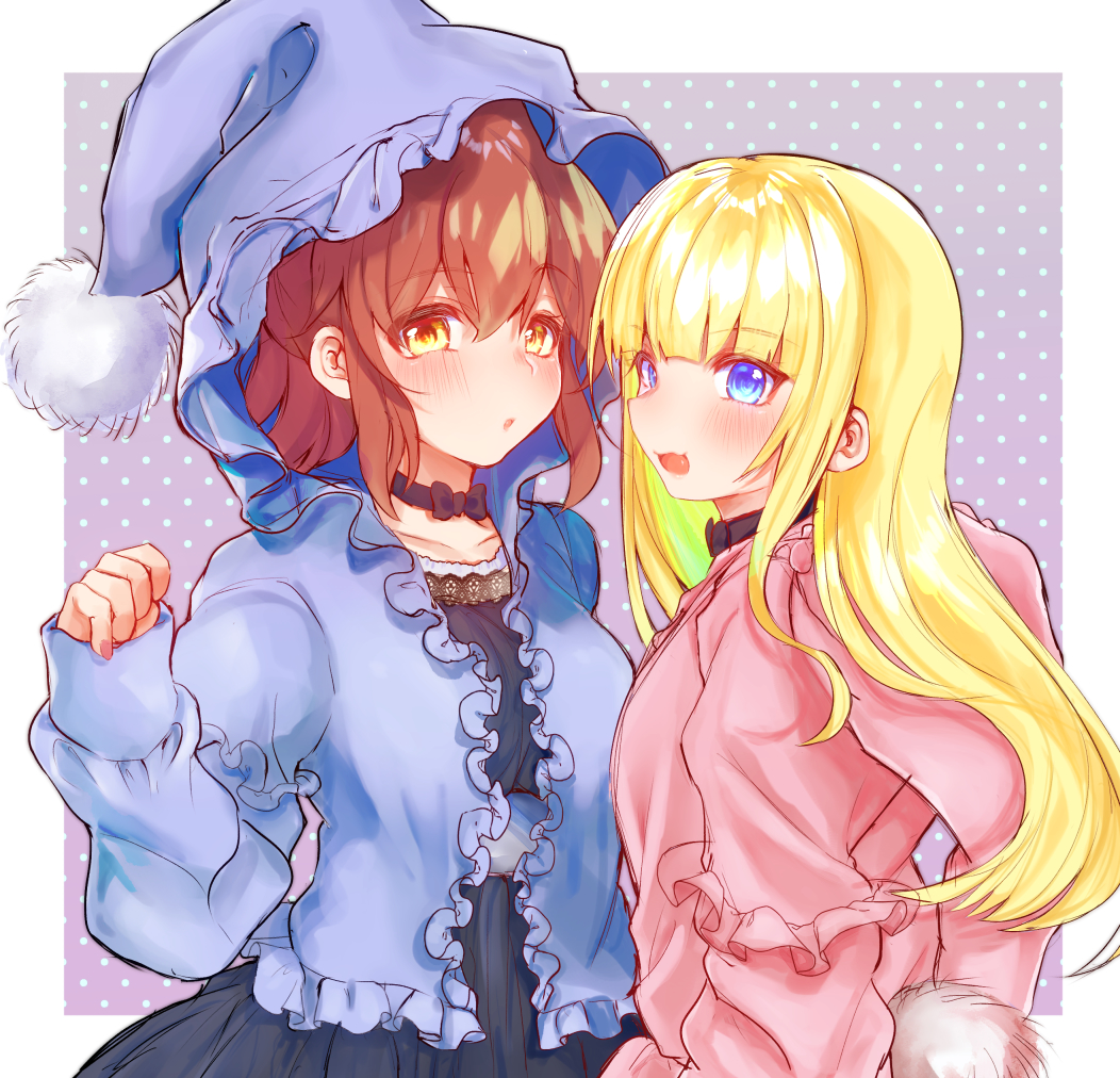 2girls, arle_nadja, black_skirt, blonde_hair, blue_eyes, blush, brown_hair, eta_24