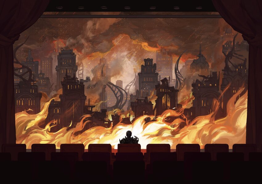 1boy, adventurer_(ff14), amaurot, apocalypse, armor, black_hair, building, burning, burning_building, chair, city, cloud, commentary, curtains, dark_knight_(final_fantasy), destruction, final_fantasy, final_fantasy_xiv, fire, from_behind, highres, hyur, lenereco, meteor_shower, movie_theater, overcast, pauldrons, ruins, scenery, short_hair, shoulder_armor, sitting, sky, smoke, solo, spiked_pauldrons, untranslatable_commentary, warrior_of_light_(ff14), watching_television, wide_shot