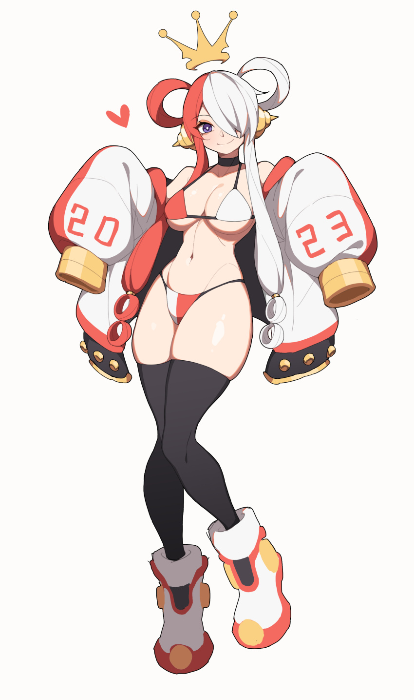 1girl, absurdres, bikini, black_thighhighs, boots, breasts, cleavage, crown