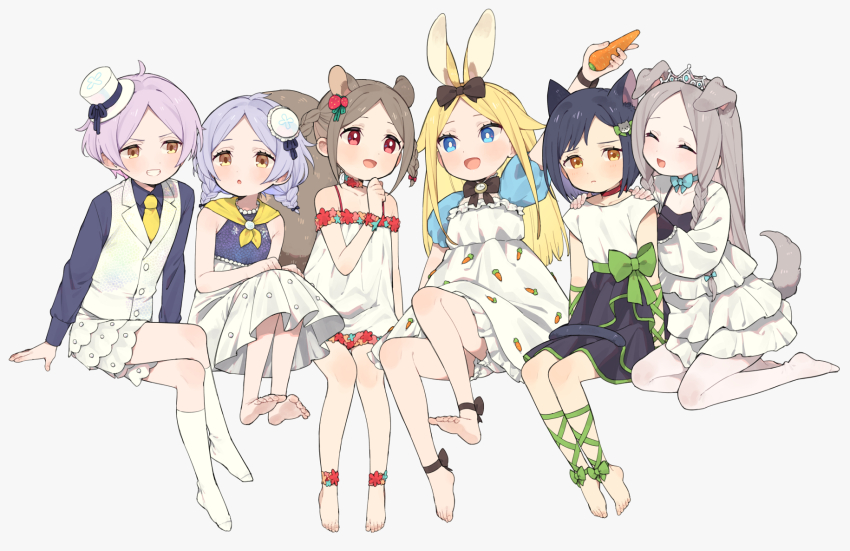 1boy, 5girls, :d, ^_^, alice_(moyori), animal_ears, ankle_ribbon, bare_shoulders