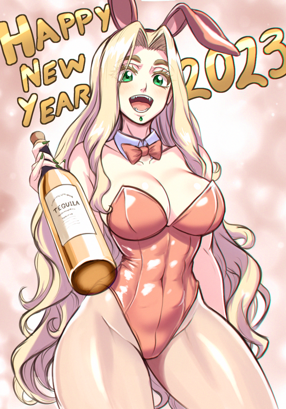 1girl, 2023, :d, abs, alcohol, alternate_costume, animal_ears, bare_shoulders, blonde_hair, bottle, bow, bowtie, breasts, cleavage, collarbone, commentary, detached_collar, english_commentary, face_piercing, fake_animal_ears, fate/grand_order, fate_(series), fingernails, green_eyes, green_nails, happy_new_year, highres, holding, holding_bottle, labret_piercing, large_breasts, leotard, light_blush, long_hair, nail_polish, new_year, open_mouth, piercing, playboy_bunny, quetzalcoatl_(fate), rabbit_ears, red_bow, red_bowtie, red_leotard, sharp_fingernails, sharp_teeth, smile, solo, strapless, strapless_leotard, teeth, tequila, very_long_hair, wavy_hair, zantyarz