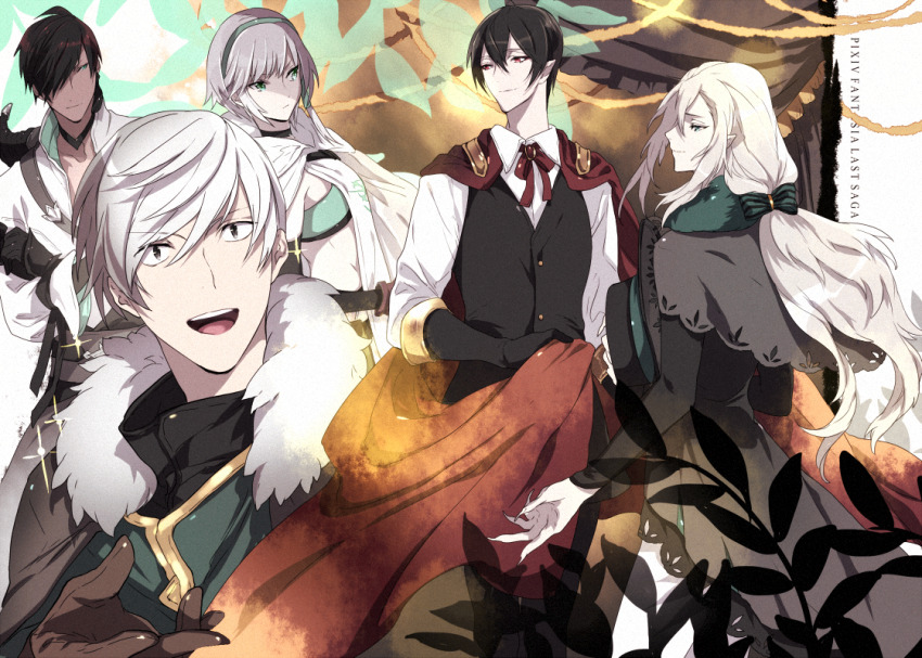 2girls, 3boys, :d, black_dress, black_hair, black_vest, brown_gloves, cape