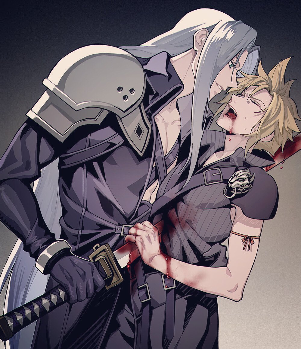 2boys, arm_ribbon, armor, black_gloves, black_jacket, blonde_hair, blood, blood_from_mouth