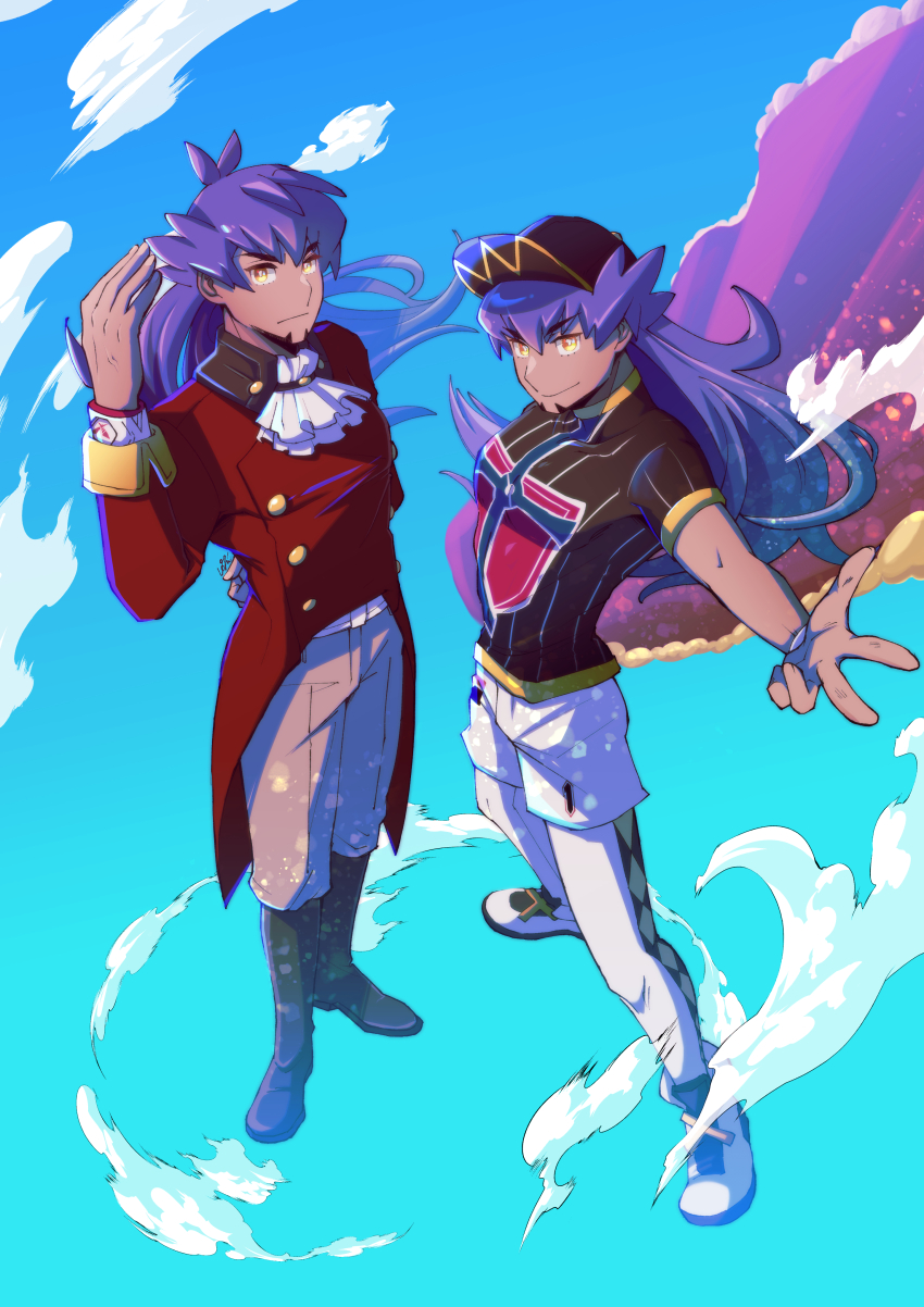 2boys, absurdres, ascot, baseball_cap, black_headwear, boots, buttons, champion_uniform