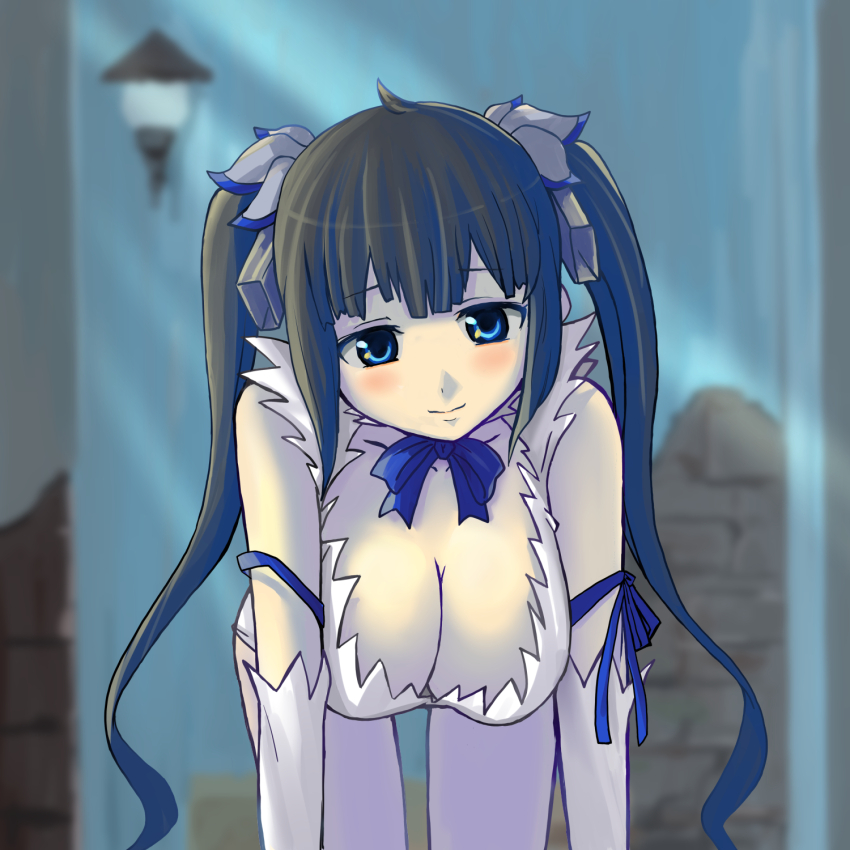 1girl, all_fours, bare_shoulders, black_hair, blue_eyes, blurry, blurry_background, blush