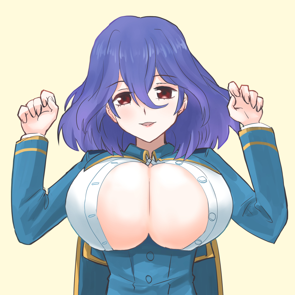 1girl, blush, breasts, cleavage, huge_breasts, kinsou_no_vermeil, looking_at_viewer, medium_hair