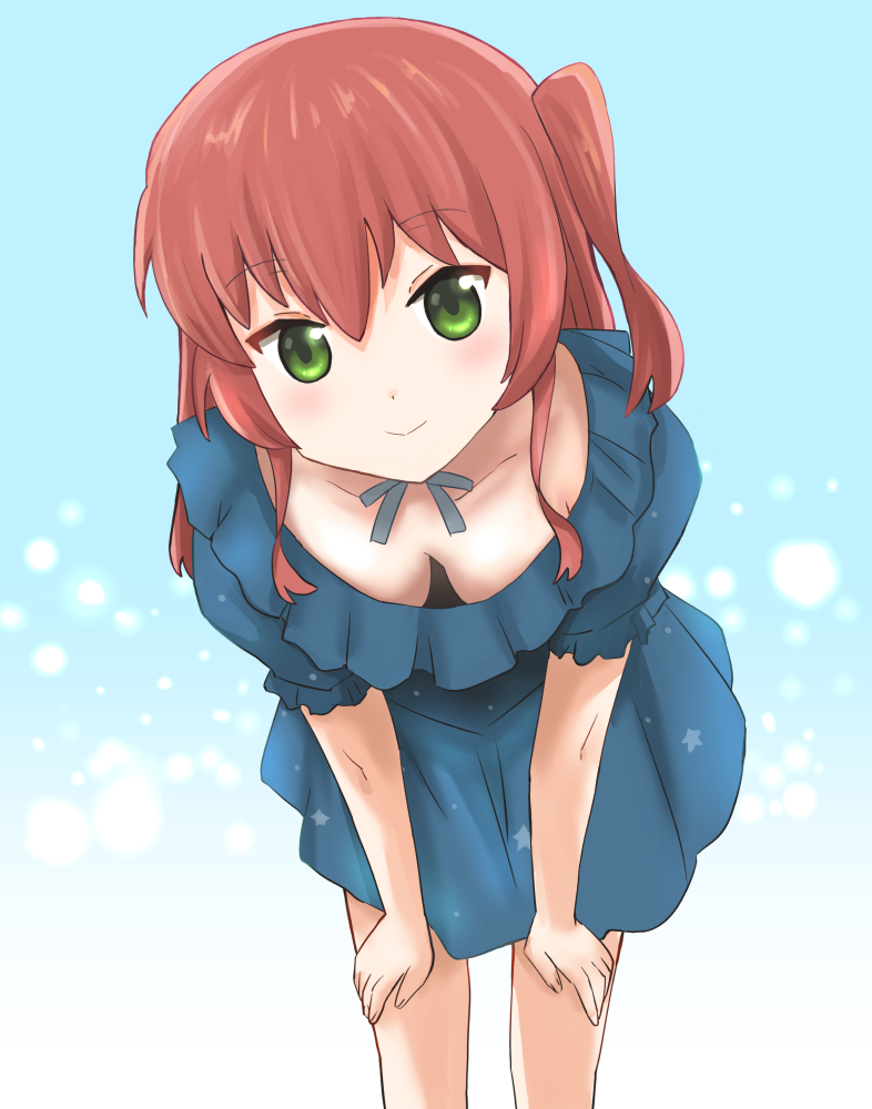 1girl, blush, bocchi_the_rock!, breasts, closed_mouth, downblouse, dress, gradient_background