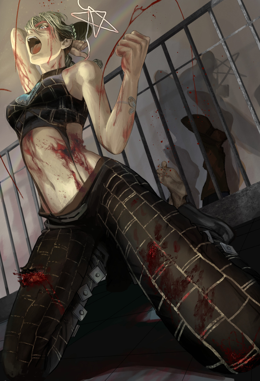 1boy, 1girl, arm_tattoo, bare_shoulders, black_hair, black_pants, black_shirt, blood