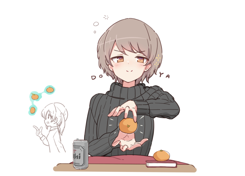 2girls, :d, asahi_breweries, azu_ankoowl, beer_can, black_sweater, brown_eyes, brown_hair