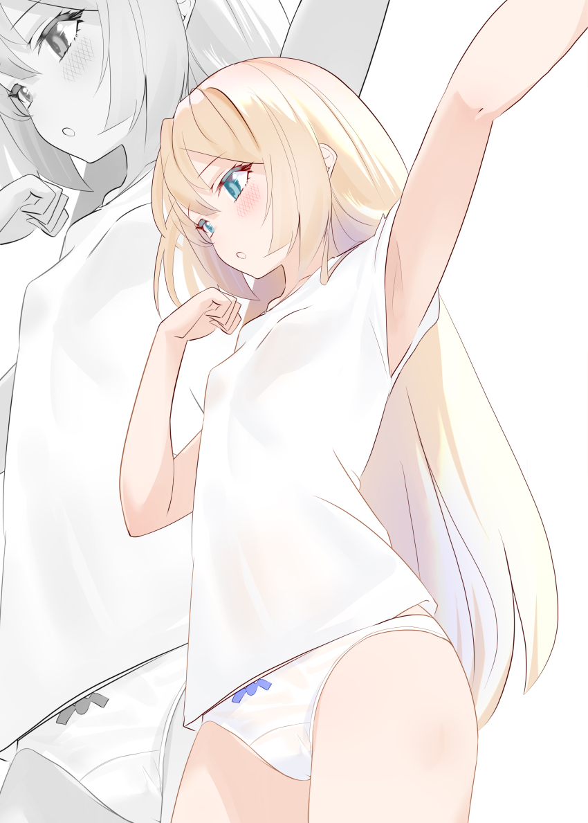 1girl, absurdres, armpits, bad_anatomy, bad_arm, blonde_hair, blue_eyes, bow, bow_panties, breasts, cowboy_shot, from_below, highres, jervis_(kancolle), kantai_collection, long_hair, no_pants, open_mouth, panties, sakurai_nana_(moshichi), shirt, small_breasts, solo, standing, underwear, white_background, white_panties, white_shirt, zoom_layer