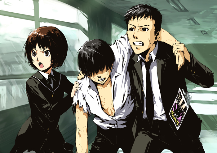 1girl, 2boys, amagami, bad_id, bad_pixiv_id, bite_mark, black_eyes, black_hair