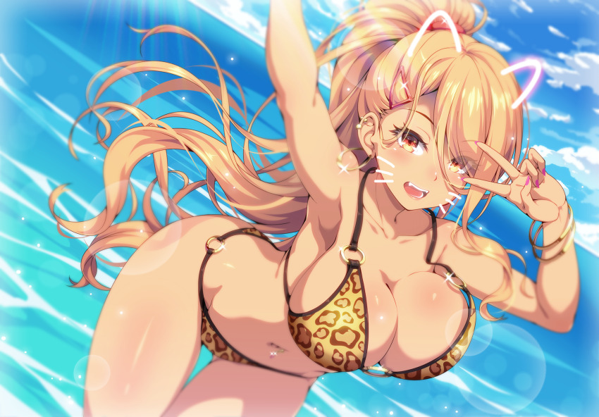 1girl, arched_back, armpits, asymmetrical_bangs, bangle, bikini, blonde_hair, blurry