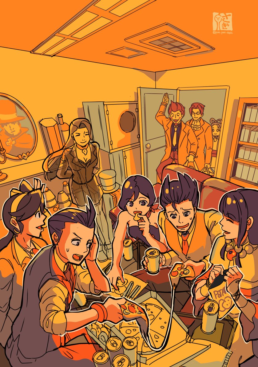 4boys, 5girls, ace_attorney, antenna_hair, apollo_justice, athena_cykes, black_hair, brown_eyes