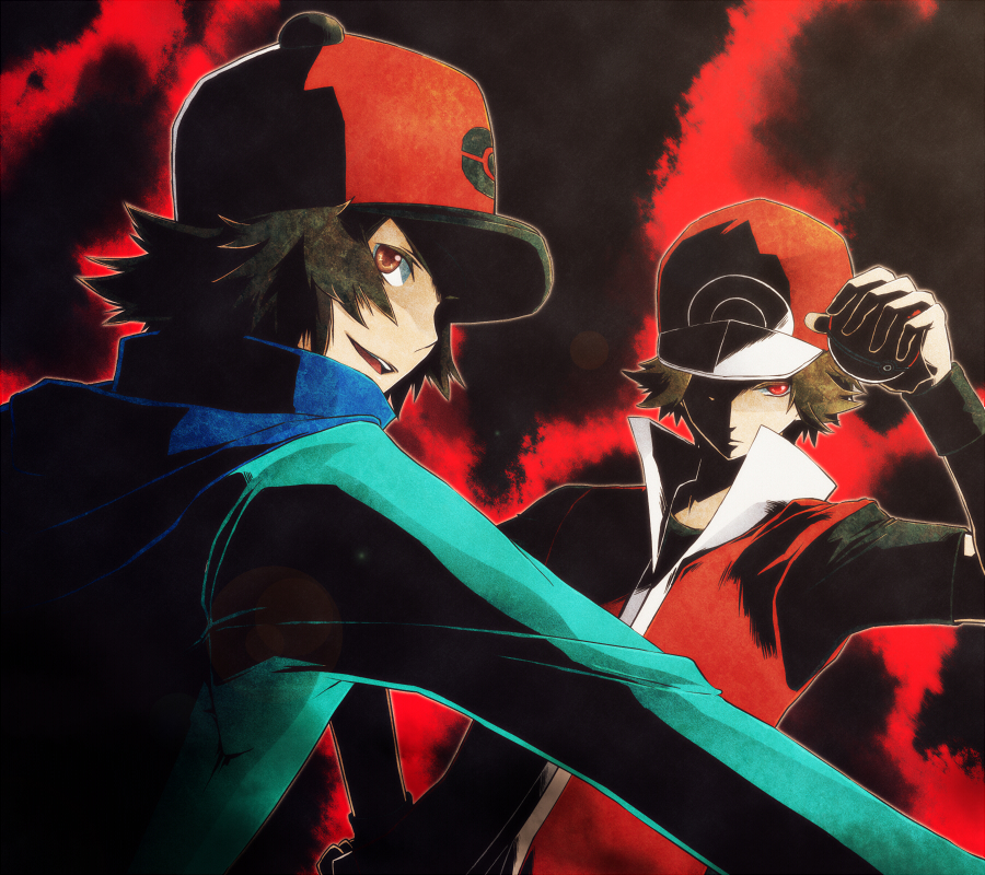 00s, 10s, 2boys, alternate_costume, bad_id, bad_pixiv_id, baseball_cap, brown_eyes, brown_hair, epic, hat, hilbert_(pokemon), holding, holding_poke_ball, jacket, male_focus, multiple_boys, nintendo, peco_poco_peco, poke_ball, pokemon, pokemon_black_and_white, pokemon_firered_and_leafgreen, red_(pokemon), red_(pokemon_frlg), red_eyes