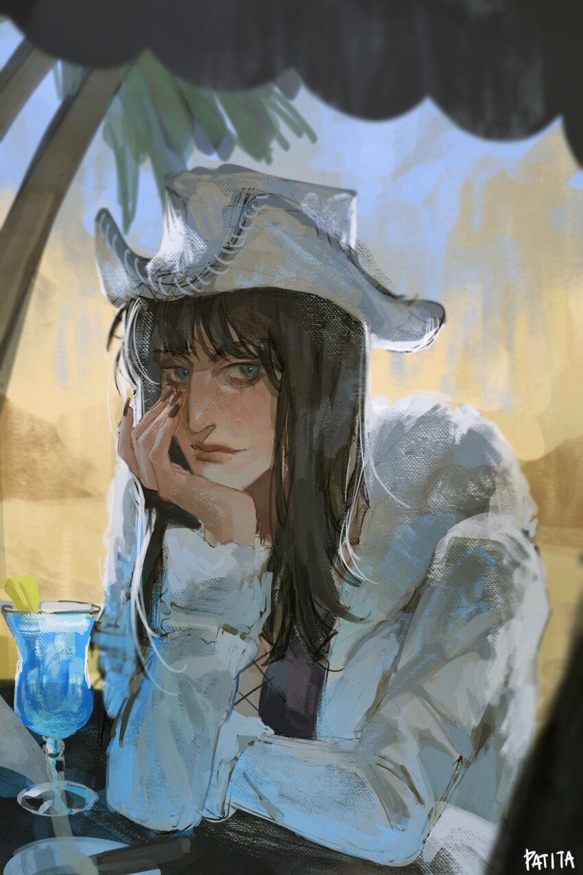 1girl, arm_rest, artist_name, black_hair, blue_eyes, blunt_bangs, closed_mouth, coat, cowboy_hat, cup, day, drink, drinking_glass, elbow_rest, fingernails, fur_collar, fur_trim, hand_on_own_cheek, hand_on_own_chin, hand_on_own_face, hand_up, hat, head_rest, highres, lips, long_hair, long_sleeves, looking_at_viewer, nail_polish, nico_robin, nico_robin_(alabasta), one_piece, outdoors, patita, red_nails, solo