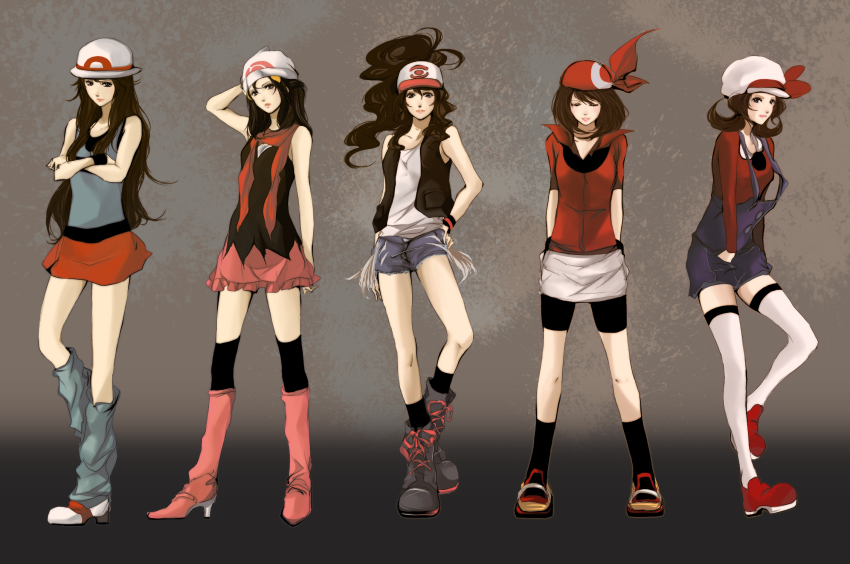 00s, 10s, 5girls, bad_id, bad_pixiv_id, bandana, bare_shoulders, baseball_cap, beanie, boots, brown_eyes, brown_hair, newsboy_cap, closed_eyes, crossed_arms, dawn_(pokemon), denim, denim_shorts, fuki_raito, gloves, hair_ornament, hairclip, hand_on_own_hip, hands_in_pockets, hat, hat_ribbon, high_heels, highres, hilda_(pokemon), hip_focus, leaf_(pokemon), legs, long_hair, loose_socks, lyra_(pokemon), may_(pokemon), multiple_girls, nintendo, overalls, pink_boots, pokemon, pokemon_black_and_white, pokemon_diamond/pearl/platinum, pokemon_firered_and_leafgreen, pokemon_heartgold_and_soulsilver, pokemon_ruby/sapphire/emerald, ponytail, porkpie_hat, red_ribbon, red_scarf, ribbon, scarf, shorts, skirt, socks, thighhighs, wavy_hair, white_thighhighs, zettai_ryouiki
