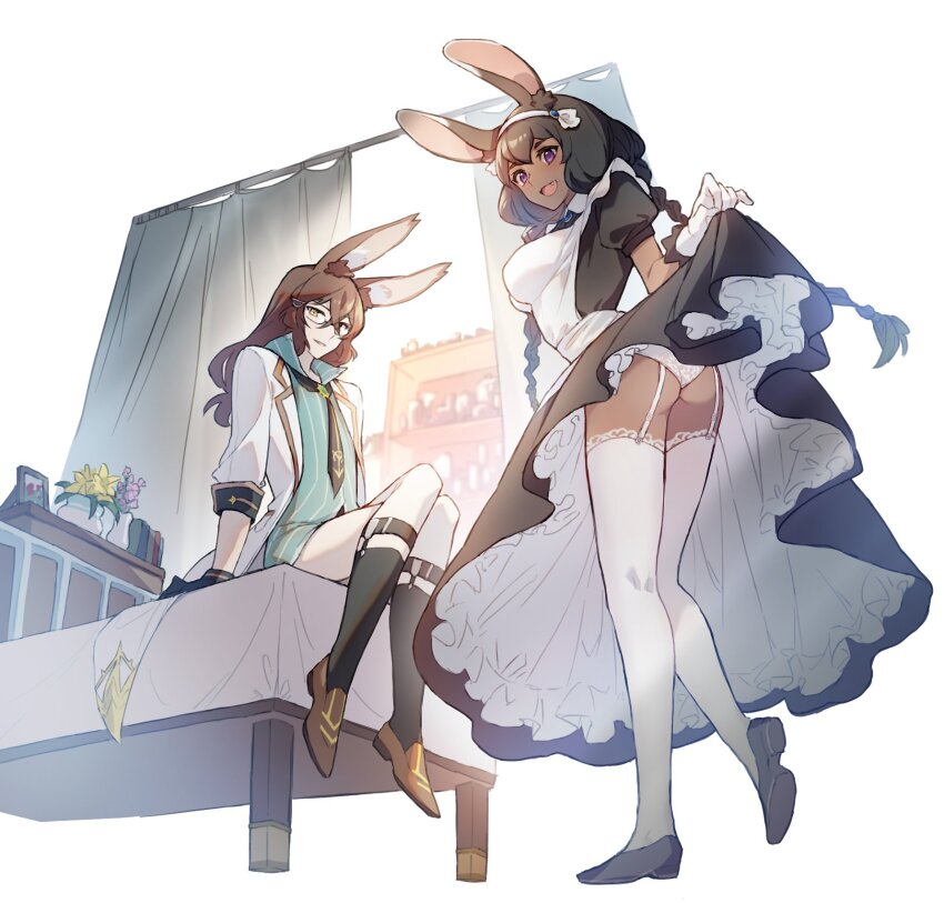 1boy, 1girl, alternate_costume, animal_ears, apron, ass, bed, black_dress, black_footwear, black_gloves, black_hair, black_necktie, brown_footwear, brown_hair, clothes_lift, coat, curtains, dark-skinned_female, dark_skin, dragalia_lost, dragalinuka, dress, dress_lift, fang, flower, flower_pot, full_body, garter_straps, glasses, gloves, hair_between_eyes, highres, laranoa_(dragalia_lost), long_hair, looking_at_viewer, maid, maid_apron, necktie, official_alternate_costume, open_clothes, open_coat, open_mouth, panties, purple_eyes, rabbit_ears, shelf, sylas_(dragalia_lost), thighhighs, underwear, wedgie, white_coat, white_gloves, yellow_eyes