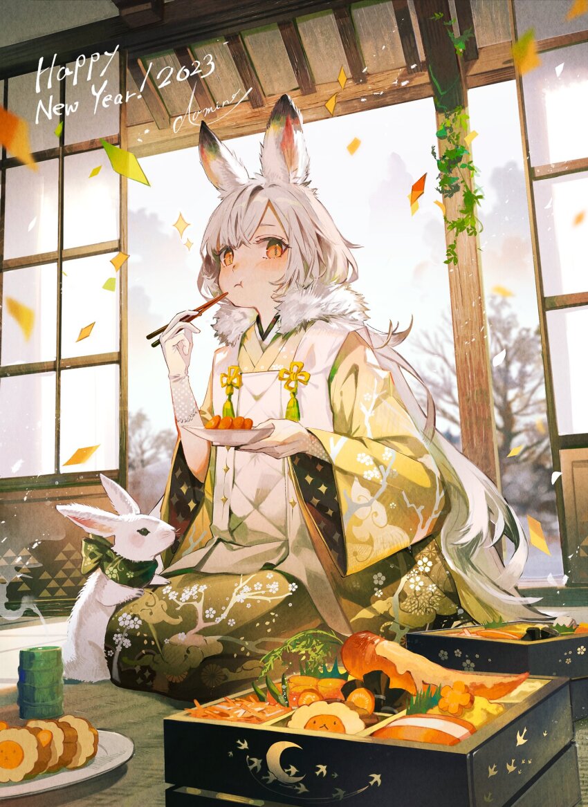 1girl, 2023, :t, animal_ear_fluff, animal_ears, bento, blurry, blurry_background
