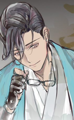 1boy, black_gloves, black_hair, blue_jacket, fate/grand_order, fate_(series), glasses, gloves