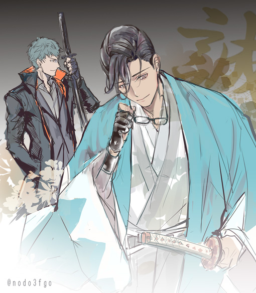 2boys, black_coat, black_gloves, black_hair, black_jacket, blue_hair, blue_jacket, brown_eyes