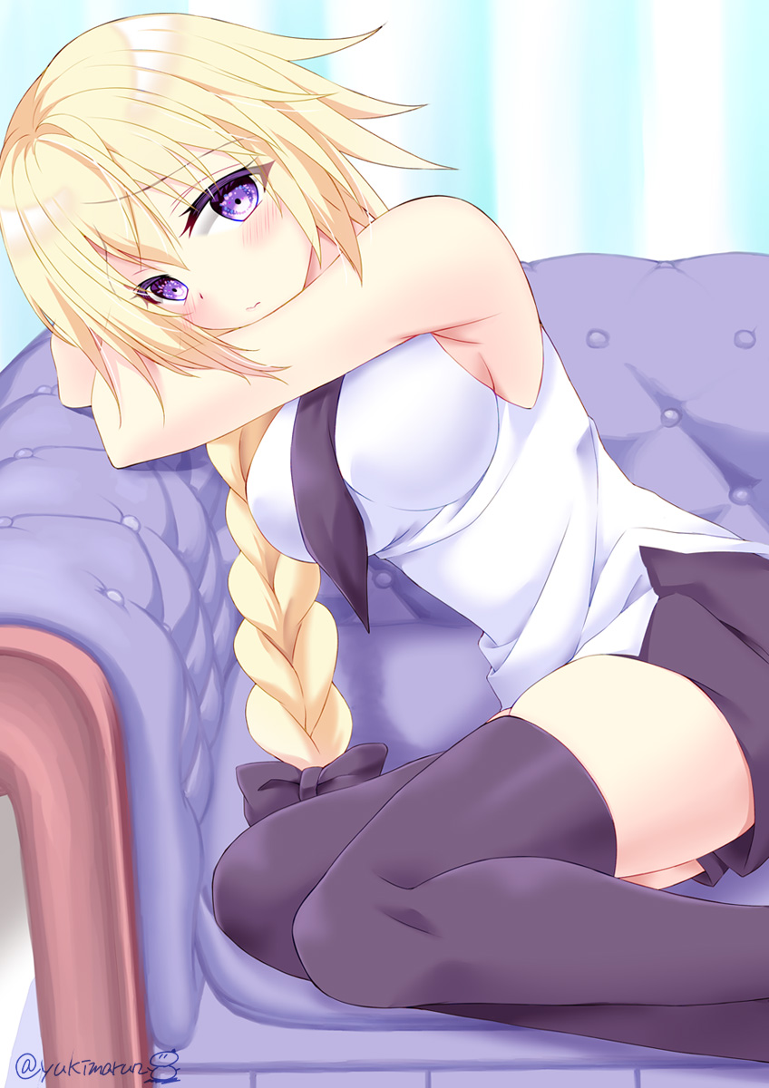 1girl, black_bow, black_necktie, black_skirt, black_thighhighs, bow, braid, breasts, couch, fate/apocrypha, fate/grand_order, fate_(series), hair_bow, highres, jeanne_d'arc_(fate), jeanne_d'arc_(girl_from_orleans)_(fate), large_breasts, long_braid, necktie, on_couch, purple_eyes, shirt, skirt, sleeveless, solo, tamagawa_yukimaru, thighhighs, white_shirt