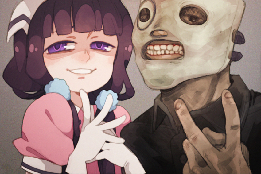 1boy, 1girl, black_shirt, blend_s, blunt_bangs, brown_eyes, brown_hair, commentary_request, corey_taylor, crossover, gloves, grin, long_hair, looking_at_viewer, masked, neiroval, pink_shirt, portrait, purple_eyes, real_life, russian_commentary, sakuranomiya_maika, shaded_face, shirt, short_sleeves, slipknot, smile, smug, stile_uniform, v, white_gloves