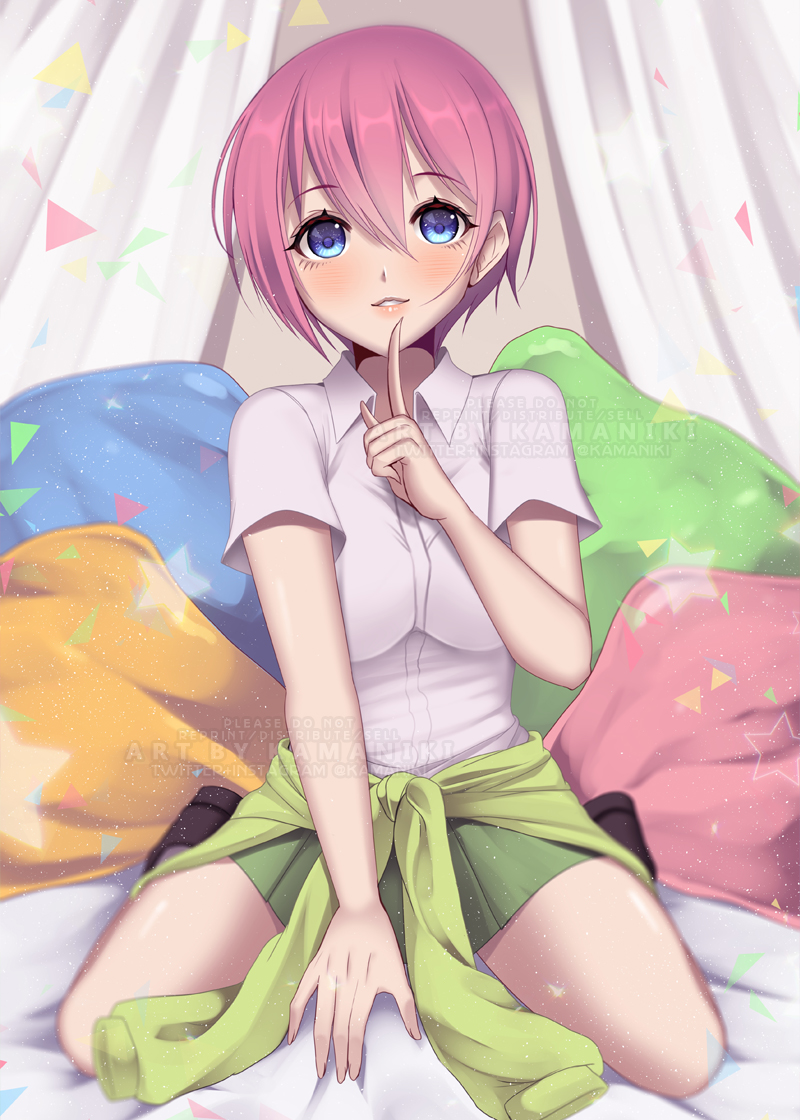 bed_sheet, blue_eyes, breasts, clothes_around_waist, collar, curtains, dot_nose, ears