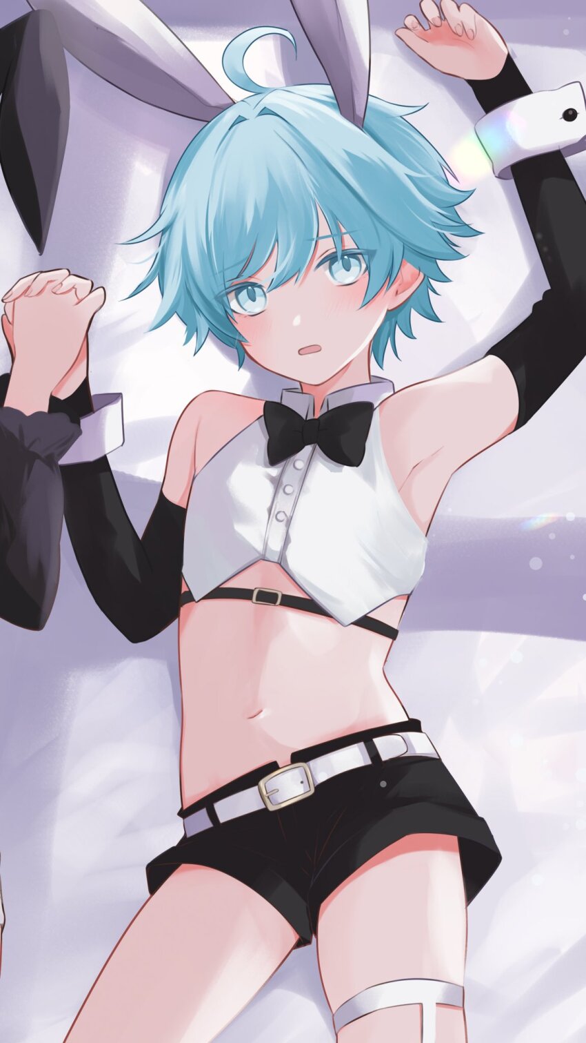 1boy, ahoge, animal_ears, armpits, bare_shoulders, bishounen, black_bow, black_bowtie