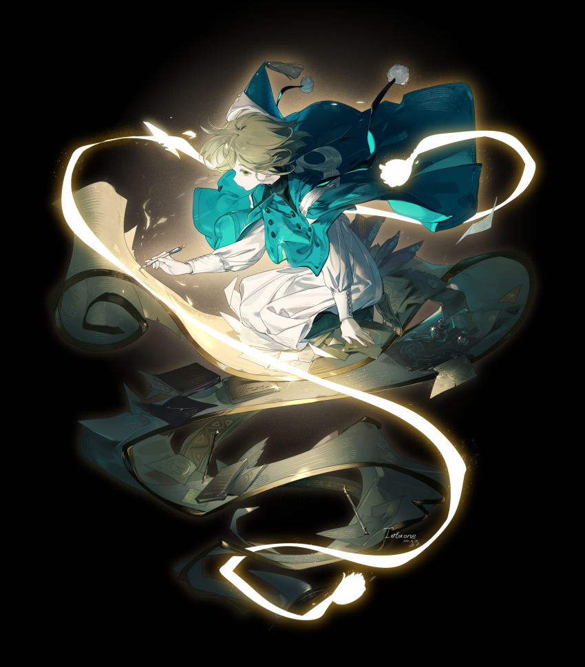 1girl, absurdres, black_background, book, calligraphy_brush, cloak, closed_mouth, coco_(tongari_boushi_no_atelier)