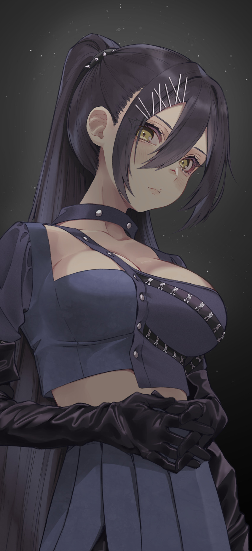 1girl, a01macaron, absurdres, bad_id, bad_pixiv_id, black_background, black_gloves, black_hair