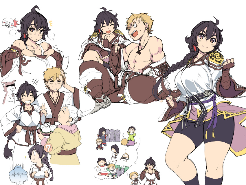 +++, 3boys, 3girls, absurdres, aged_down, ahoge, anger_vein, steamed_bun, bike_shorts, black_buruma, black_hair, black_shorts, blonde_hair, braid, braided_ponytail, breasts, brown_eyes, brown_gloves, brown_pants, buruma, censored, clenched_hands, commentary_request, fingerless_gloves, food, full_body, gloom_(expression), gloves, highres, censored_identity, jewelry, large_breasts, long_hair, mil_(xration), multiple_boys, multiple_girls, multiple_views, muscular, muscular_male, necklace, old, old_woman, open_mouth, pants, ragnarok_online, red_buruma, shirt, short_hair, shorts, simple_background, smile, star_emperor_(ragnarok_online), white_background, white_shirt