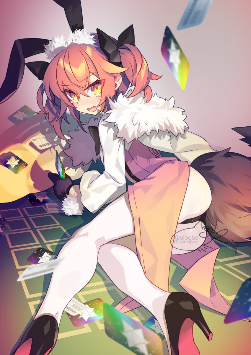 1girl, ahoge, animal_ears, ass, black_bow, black_footwear, black_gloves, blush