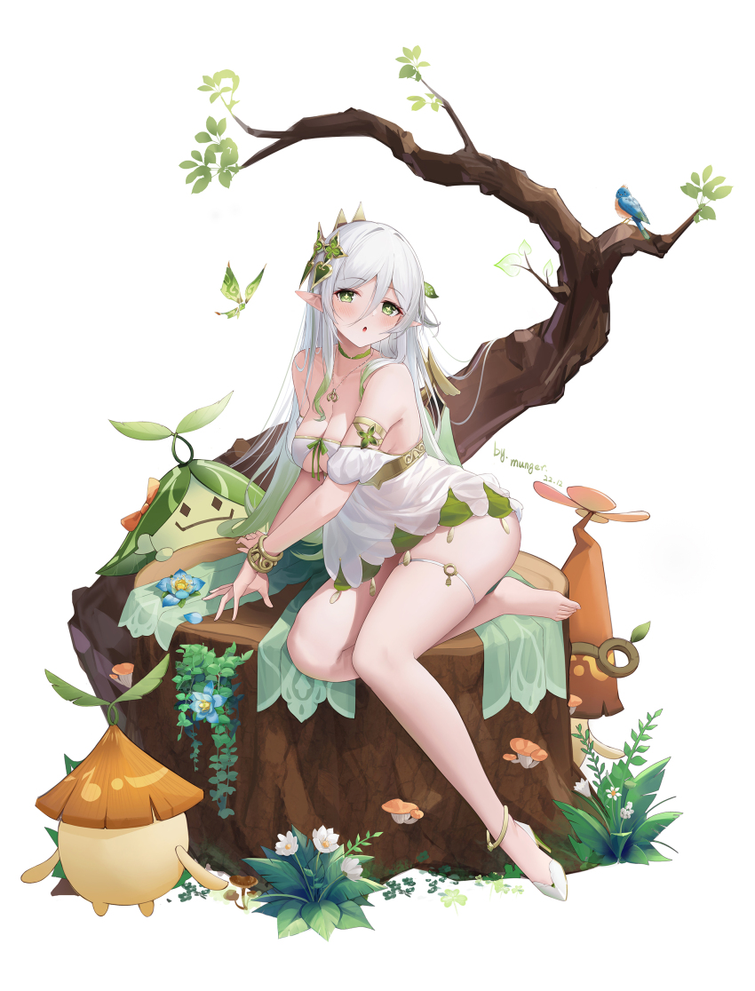 +_+, 1girl, :o, absurdres, aged_up, alternate_breast_size_(larger), anklet, aranara_(genshin_impact), artist_name, bare_shoulders, barefoot, bird, blue_flower, bracelet, breasts, choker, cleavage, creature, crystalfly_(genshin_impact), dated, detached_sleeves, dress, flower, full_body, genshin_impact, green_choker, green_eyes, hair_between_eyes, high_heels, highres, jewelry, large_breasts, leaf, long_hair, mungersky, mushroom, nahida_(genshin_impact), necklace, off_shoulder, open_mouth, plant, pointy_ears, revision, right_shoe_removed, shoes, short_dress, short_sleeves, simple_background, single_shoe, sitting, skindentation, solo, thigh_strap, tree_stump, very_long_hair, white_background, white_dress, white_flower, white_hair, white_shoes
