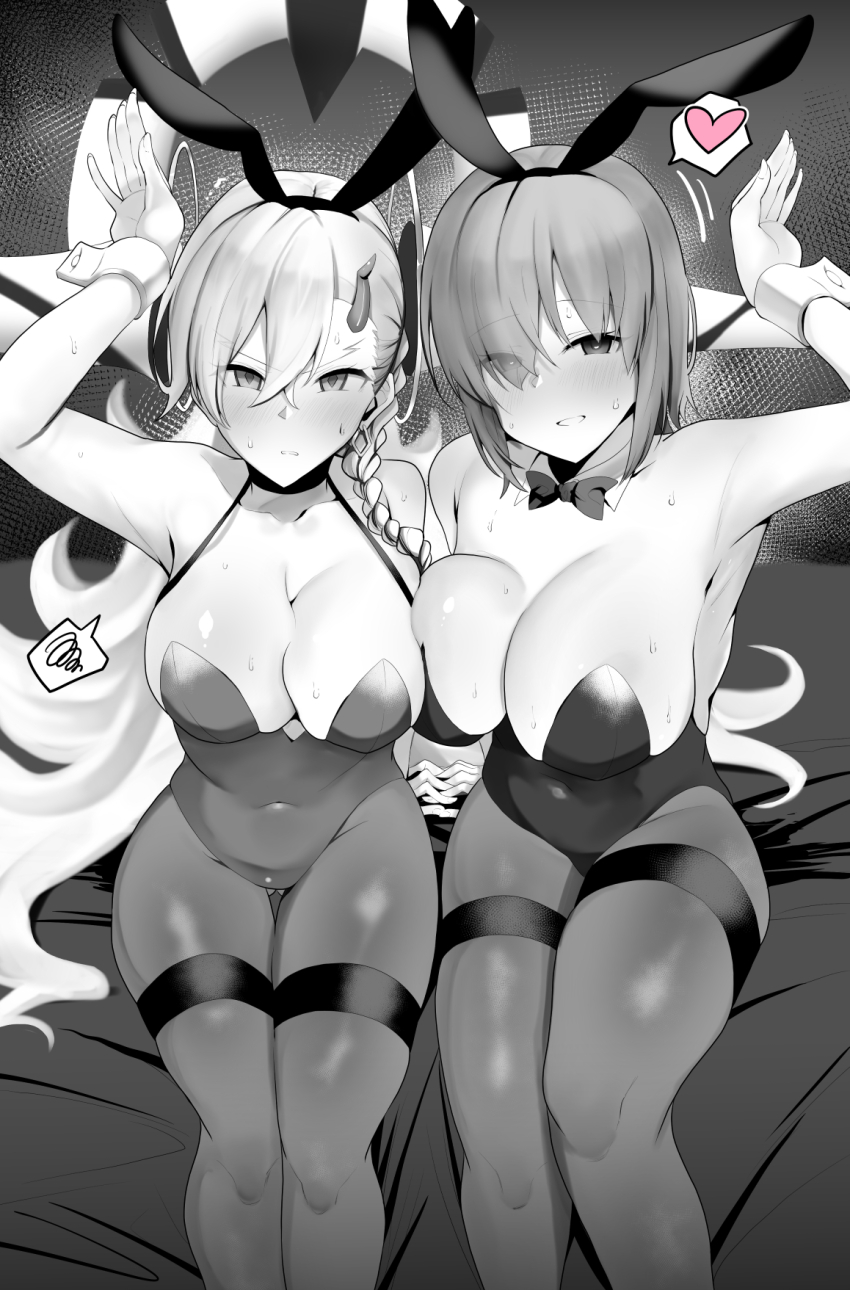 2girls, animal_ears, blush, breasts, detached_collar, fake_animal_ears, fate/grand_order, fate_(series), greyscale, hair_over_one_eye, highleg, highleg_leotard, highres, huge_horns, large_breasts, leotard, long_braid, long_hair, looking_at_viewer, mash_kyrielight, monochrome, multiple_girls, olga_marie_animusphere, open_mouth, pantyhose, playboy_bunny, rabbit_ears, short_hair, sitting, sweat, u-olga_marie, very_long_hair, wakamochi-ta, wrist_cuffs