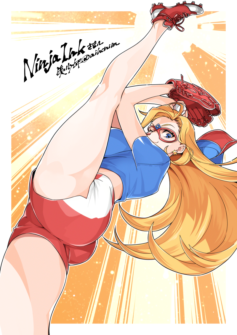 1girl, alternate_costume, ass, bare_legs, baseball, baseball_cap, baseball_glove, baseball_uniform