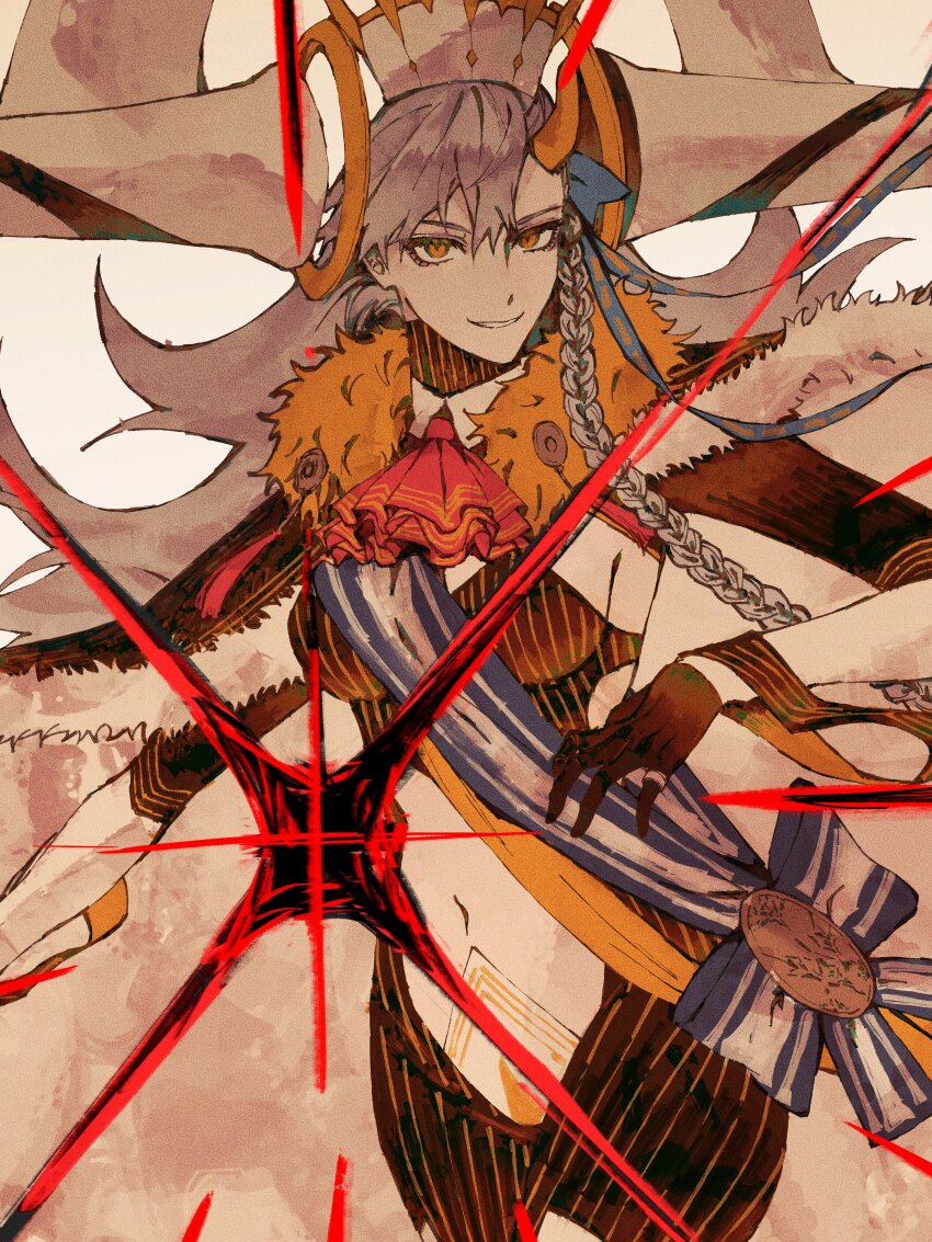 1girl, absurdres, braid, fate/grand_order, fate_(series), highres, horns, long_hair, looking_at_viewer, navel, olga_marie_animusphere, orange_eyes, single_braid, single_horn, smile, solo, spoilers, totetote_x, u-olga_marie, white_hair