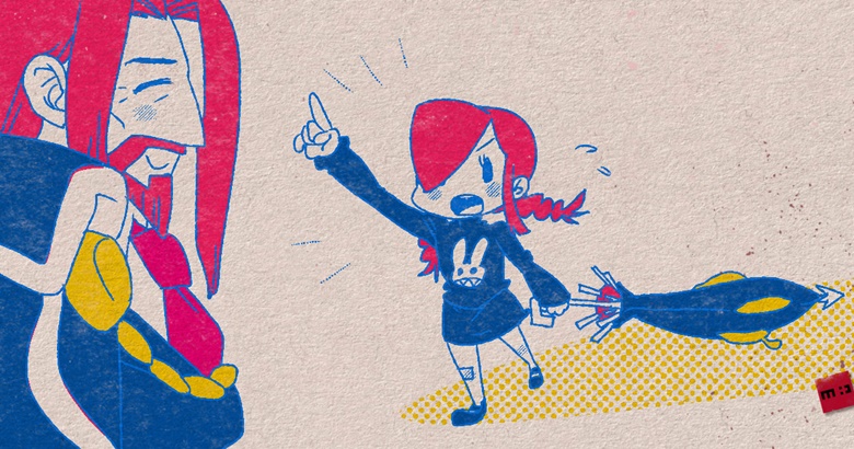 1boy, 1girl, aged_down, beard, blush_stickers, braid, chibi, closed_eyes