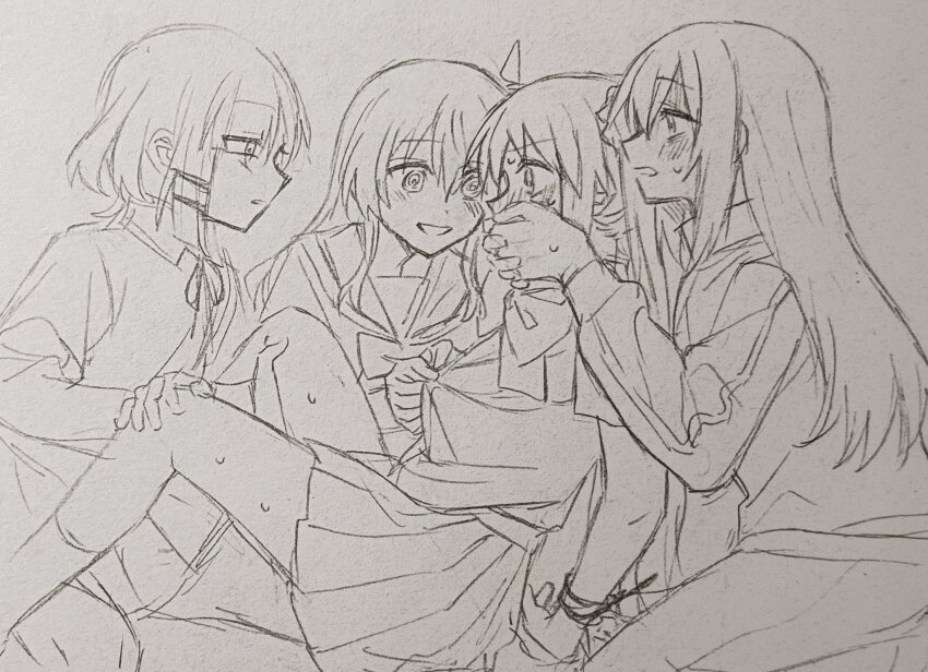 4girls, @_@, arms_behind_back, blush, bocchi_the_rock!, bound, bound_wrists, covering_another's_mouth, female_focus, from_side, gagged, gotoh_hitori, graphite_(medium), greyscale, hair_ornament, half-closed_eyes, hand_gagged, hand_over_another's_mouth, hands_on_another's_face, hands_on_another's_knees, highres, ijichi_nijika, imminent_rape, jacket, kita_ikuyo, kneeling, long_hair, long_sleeves, looking_at_another, melodyguru, monochrome, multiple_girls, neckerchief, pleated_skirt, sailor_collar, school_uniform, sitting, sketch, skirt, sweat, track_jacket, track_suit, traditional_media, undressing_another, yamada_ryo