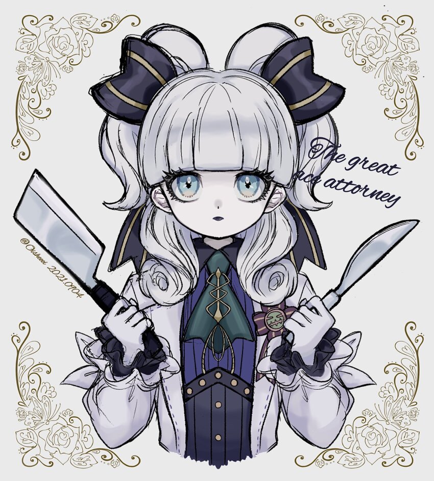 1girl, ace_attorney, black_lips, blue_eyes, blunt_bangs, bow, coat, eyelashes